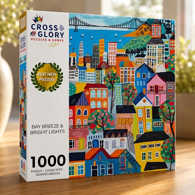 Cross & Glory - Bay Breeze & Bright Lights - 1000 Piece Jigsaw Puzzle for Adults | Vibrant San Francisco Folk Art Puzzle | Unique Puzzle Challenge for Art Lovers