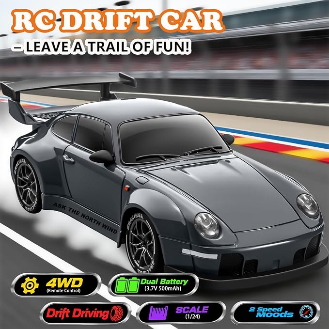 RC Drift Car, 1:24 Scale Remote Control Vehicle with LED Lights,Drifting Tires＆Two Batteries, Racing Sports Toy Idea Gift for Adults Boys Girls and Kids Gray