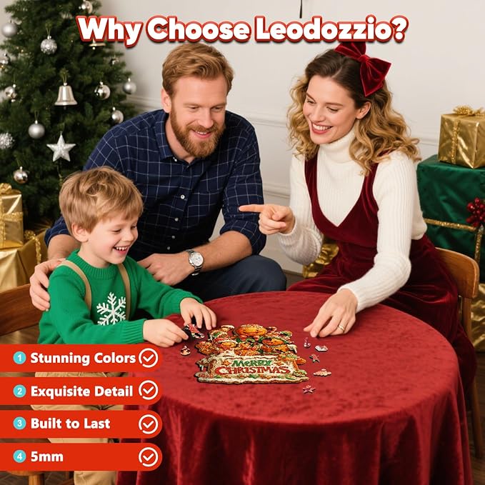 Leodozzio Christmas Wooden Puzzles for Adults & Kids, Gingerbread Family Puzzle 200 Pieces, 5MM Unique Shape Winter Jigsaw Wood Puzzle for Grandkids, Holiday Decoration Gifts, Family Game, 9x12.2 in