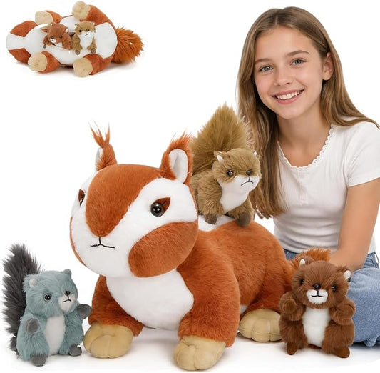Tezituor Chipmunk Stuffed Animal, Soft Stuffed Squirrel for Kids,17.7" Squirrel Plush Toys Bulk,Realistic Mommy Chipmunks Plushie with 3 Babies for Christmas,Valentines,Easter,Birthday,Party Decor