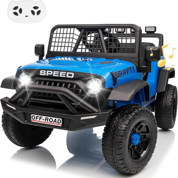 24V Ride on Toys w/Remote Control, 4WD Kids Ride on Truck Car, 3 Speed, Bluetooth Music, Wide Seat, Spring Suspension, LED Light, Birthday for Boys Girls Toddler (Black+Blue)