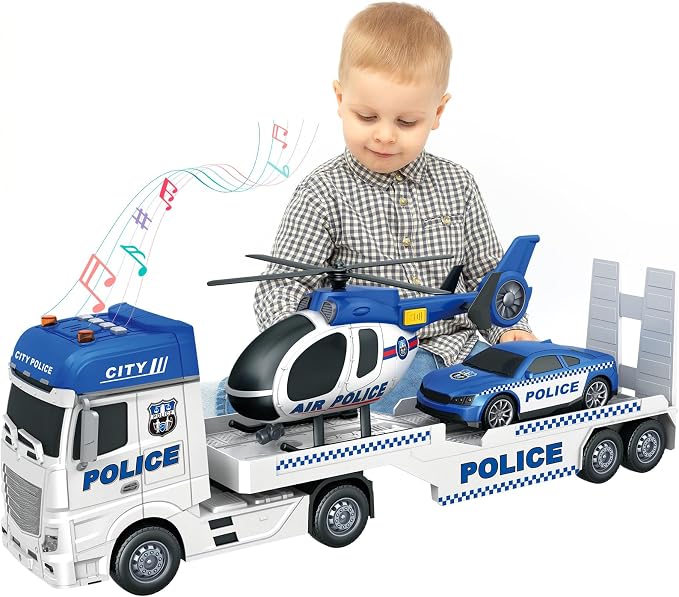 3-in-1 Police Truck Toys for Kids Ages 3-6 – 25.6 Inch Extra-Large Inertia Semi Trailer with Lights & Sounds, Detachable Light & Sound Helicopter and Police Car
