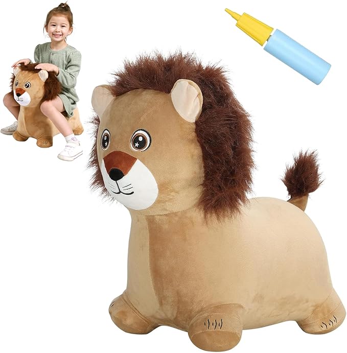 INPANY Bouncy Horse, Lion Hopper Toys, Toddlers Plush Bouncing Animal Hopping, Bounce Buddies, Inflatable Ride on Rubber Bouncer, Indoor Outdoor Birthday Gifts Toy for 2 3 4 Year Old Girls Boys