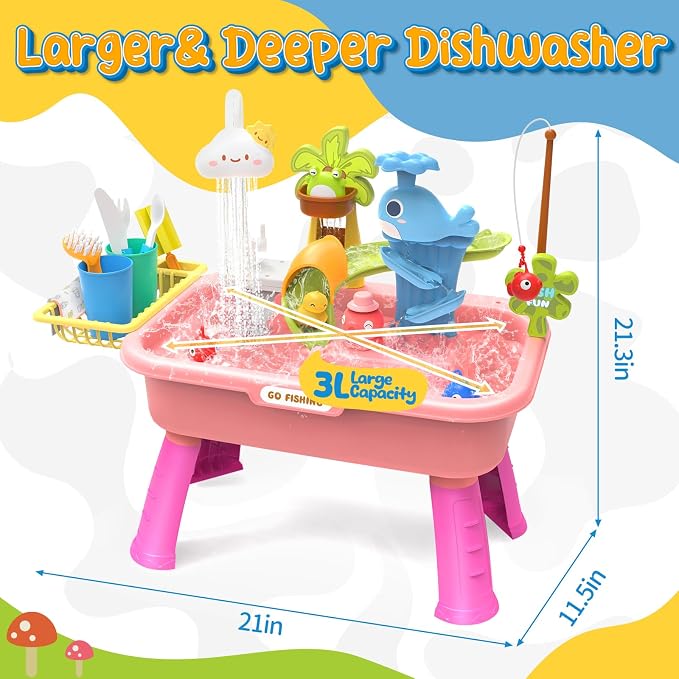 2026 Upgraded Water Table for Toddlers 1-3 - Play Sink with Running Water & Electric Faucet, Pretend Play Kitchen Sink Toy, Outdoor Sensory Summer Toys for Kids Ages 4-8, Fishing Game, Blue