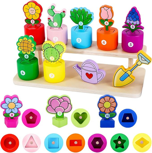 Scuwtocn Wooden Flower Garden Playset with Stand - Color & Shape Sorter | Fine Motor Skills & Number Cognition, Montessori Learning Toy for Toddlers, for 2 3 Year Old Boys and Girls