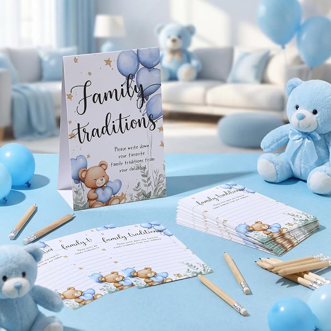 Fumete 61 Pieces Family Tradition Baby Shower Games Include 1 Family Traditions Standing Sign and 50 Activities Cards with 10 Pencils for Gender Reveal Bridal Shower Wedding(Blue,Bear)