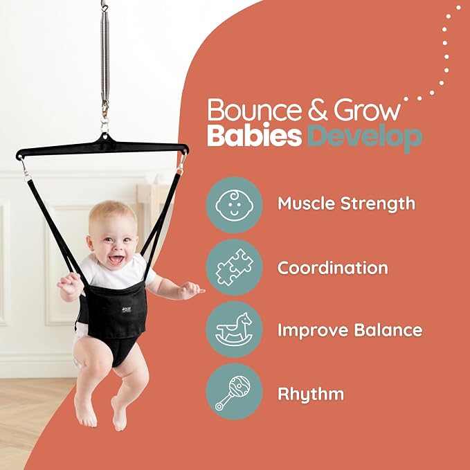 Jolly Jumper Iconic (Black), Doorway Baby Jumper, Indoor Exercise Saddle Seat, Adjustable Height, for Infants up to 28lbs, No Stand Required