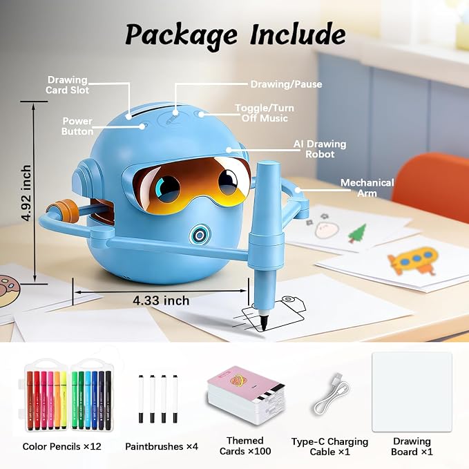Drawing Robot for Kids with Voice Read & Music Educational Drawing Machine, Montessori Painting Learning Toy for Age 3-12, 4 Paintbrushes/100 Cards/12 Colorful Pens, Gift for Boys & Girls