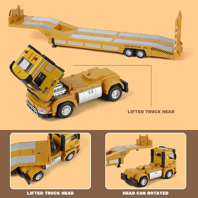 Kids Construction Truck Vehicles Toys 3 Set, Inertial Driving Metal Semi Truck Trailer and Diecast Excavator Bulldozer with Lights Sounds and Movable Parts Learning Toys Gift for Boys