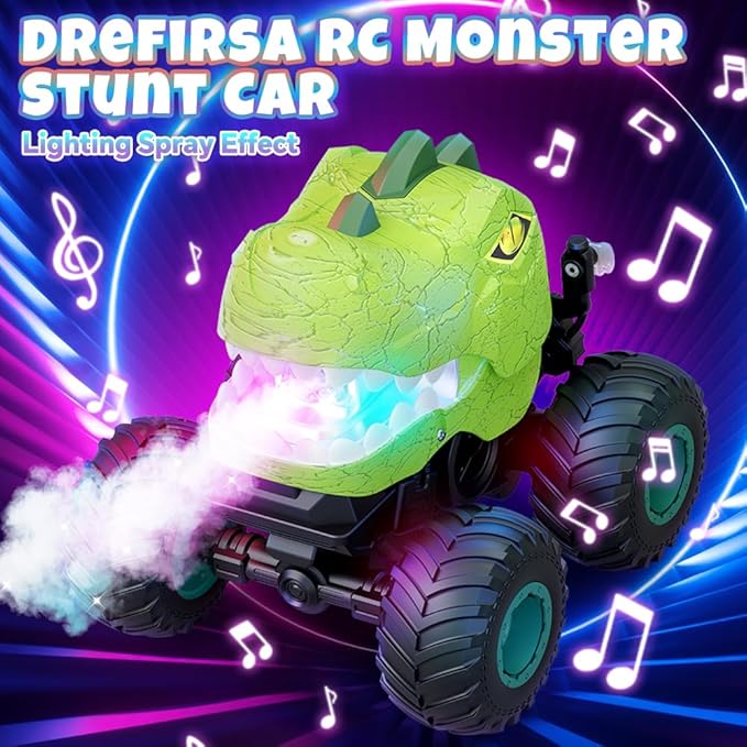 Drefirsa Dinosaur Remote Control Car for Kids Ages 3-5 6-12, Remote Control Monster Truck with Spray, Light, 360° Rolling&90° Driving, All Terrain Dinosaur Toy for Boys Birthday Gift