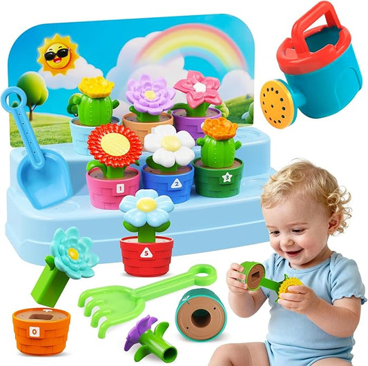 Montessori Toys for 1-2 year old, Toddlers Outdoor & Indoor Gardening Toys with Watering Can, Shovel, Rake, Color & Shape Sorting Educational Learning Toys Easter Gift for Girls Boys Age 1 2 3 4