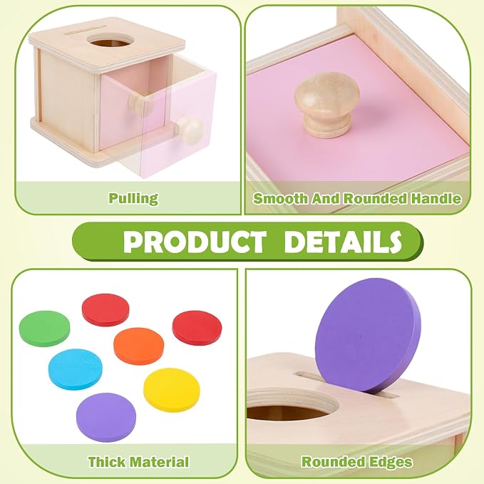 Adena Montessori Coin Box, 2 in 1 Object Permanence Box with Ball and Wooden Discs, Developmental Toys for 6-12 Month Infants, Learning Gifts for 1 Year Old Baby (Pink Door)