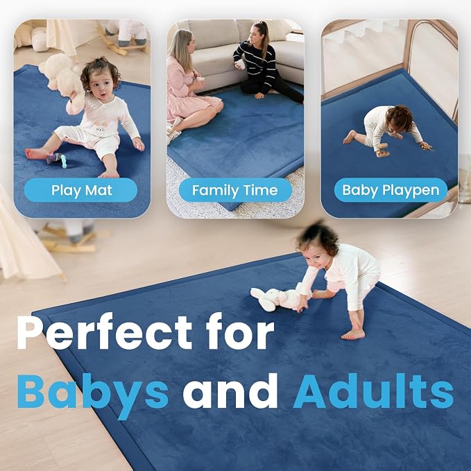 1.3" Thick Baby Play Mat for Floor Playpen, 50x50 Foam Tummy Time Mat, Padded Support Soft Plush Nursery Rug for Infant Kids Toddler Crawling Kick Activity (Royal Blue)