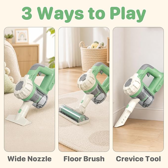 3-in-1 Kids Vacuum that Really Works - Toddler Vacuum Cleaner with Real Suction, Pretend Play Housekeeping & Cleaning Toy Set for Kids Ages 3+ (Green)