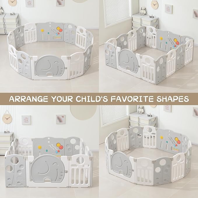 LulliSpace Baby Playpen,for Kids and Toddlers,Kids Activity Centre Safety Play Yard,Indoor&Outdoor Pattern Baby Fence with Game Panel, Safety Lock, Non-Slip Bases, Adjustable Shape,14 Panels