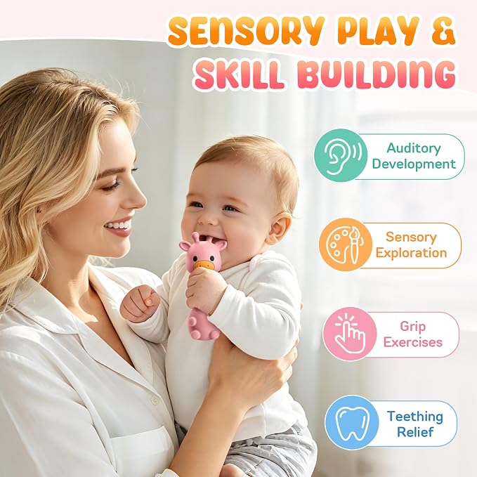 Baby Rattles Teething Toys 3-6 6-12 Month, Multi-Functional BPA-Free Silicone Teether Toys for Teething Relief & Sensory Rattle Play, Perfect Infant Newborn Toys & Baby Gifts (Rose Pink)
