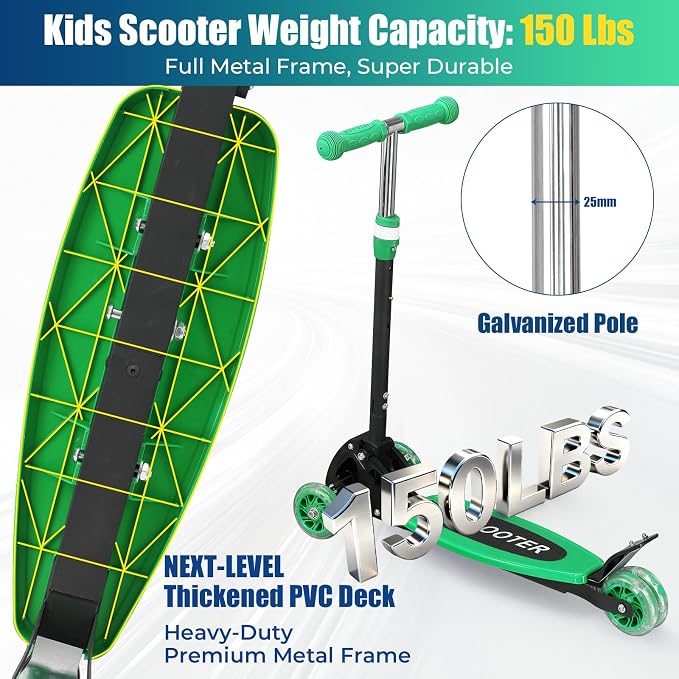 3 Wheel Scooter for Kids Ages 3-12, LED Light-Up Kids Kick Scooter–Portable Foldable, Adjustable Height, Durable Metal Construction, 6" Extra Wide Deck for Outdoor Activities,Child Safety Certified