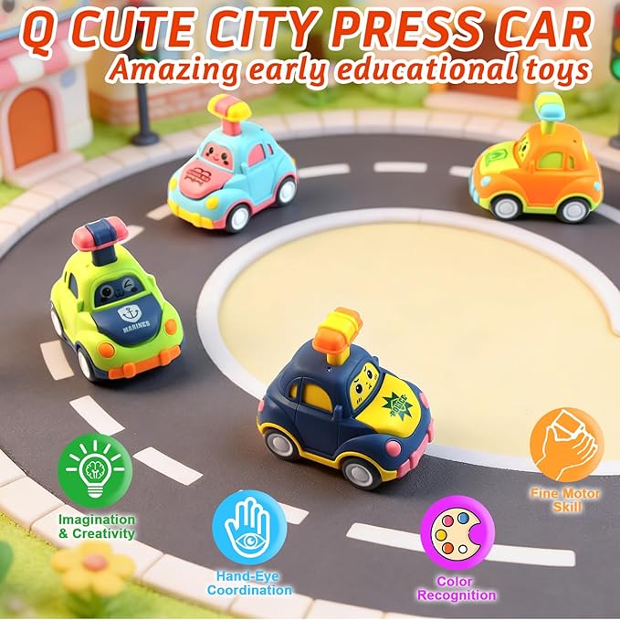 soi-meme 4 Pack Press and Go Car Toys for Toddlers 1-3 Year Old Boys, Easy Push Down Action, Certified CPSC- Learning Cause Effect Toddler Toy, Gifts for 1+ Year Old Baby Boy Girl