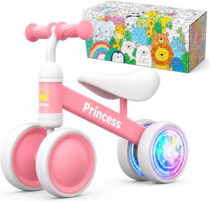 BEKILOLE 1 Year Old Girl Gifts Baby Balance Bike 1st Birthday Girl Gift with LED Light Up Wheels for 12-24 Months Toddlers - ASTM Certified 2-Minute Assembly Pink First Ride On Training Toy