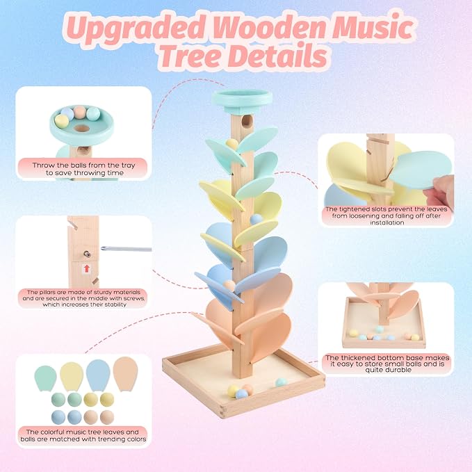 Wooden Marble Run Ball Drop Montessori Toys for Toddlers 4-8 Boys Girls Kids Wood Music Tree Marble Ball Run Game 3-5 8-12 Years Old Learning Color Sorting Sensory Toys Birthday Gift (Height: 20.5")