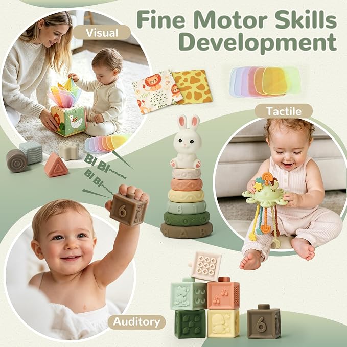Baby Toys 6 to 12 Months, Montessori Toys for 6-9-18 Months with Shape Sorter Developmental Toys, Baby Blocks, Tissu Learning Sensory Toys Gift for 6-36 Months Girls Boys Infant Toys