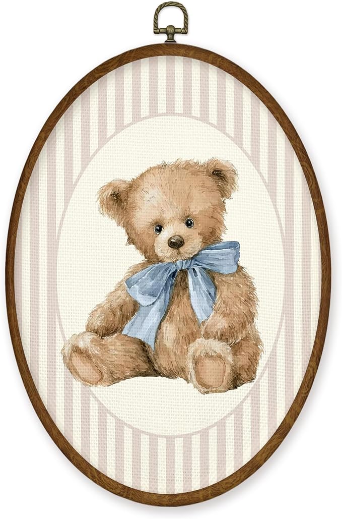 WULQYING Vintage Bear Nursery Wall Art Decor, Girl Nursery Oval Framed Canvas Art Prints, Neutral Blue Bow Cute Bear Wall Hanging Decor for Kids Toddler Baby Girls Room Bedroom, 8.6x11.4 Inches