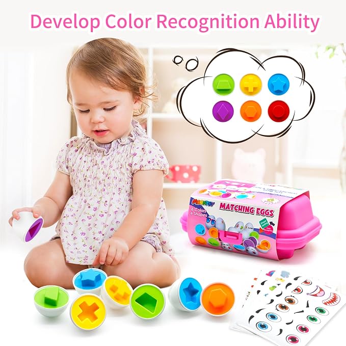 MOONTOY Toddler Toys Easter Eggs Learning Montessori Toys for 1 2 3 Year Old Girl Boy Kid Gift Matching Eggs Educational Color Sorting Baby Puzzle Cognitive Shape Sorter, 6 Eggs Easter Basket Stuffers