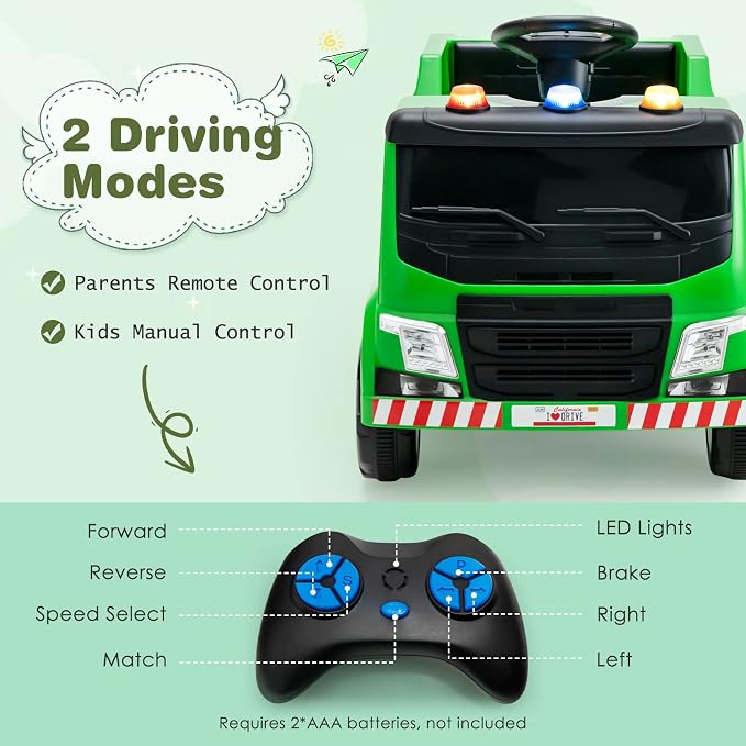 Costzon Ride on Car, 12V Battery Powered Recycling Garbage Truck w/Remote Control, Warning Lights, Music, Horn, 6 Recycling Accessories, Ride on Truck Toy for Kids 3-8 Years Old (Green)