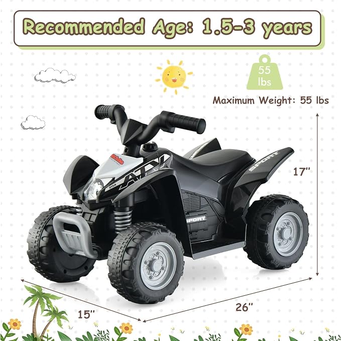 OLAKIDS Kids Ride On ATV, 6V Electric Vehicle for Toddlers, 4 Wheeler Battery Powered Motorized Quad Toy Car for Boys Girls with LED Lights, Horn (Black)