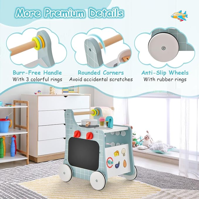 HONEY JOY Baby Push Walker, 6-in-1 Wooden Play Kitchen Walker Activity Center w/Shape Sorter & Blackboard, Develop Motor Skills, Push Toys for Babies Learning to Walk, Gift for Boys and Girls (Blue)
