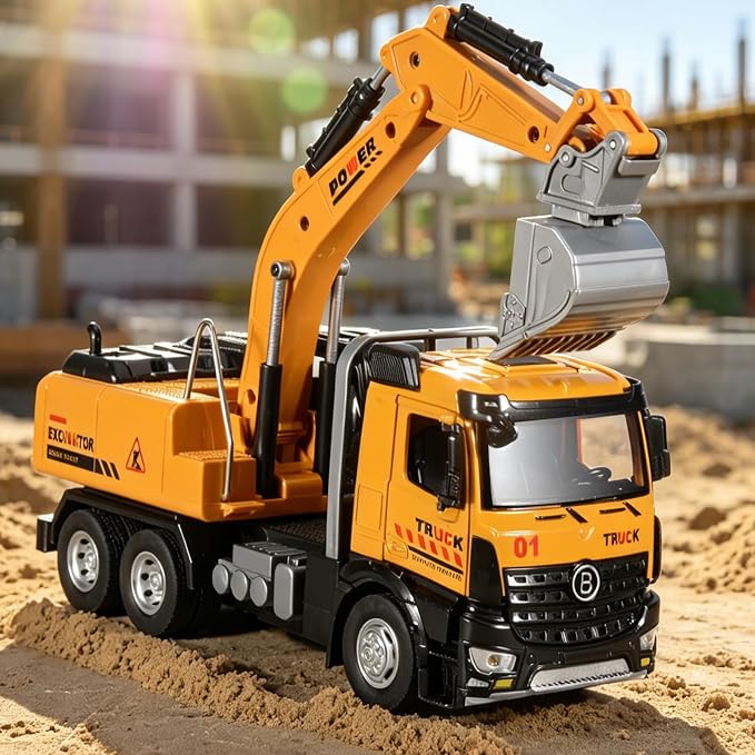 Excavator Toy Diecast Metal Cab Construction Truck Toys for Kids Excavator with Movable Robotic Arm Pull Back Toy Excavator with Lights and Sounds Excavator Toys for Boys 3-5 Year Old