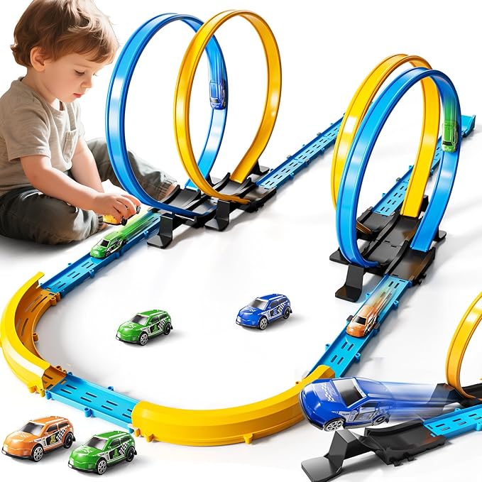MSKOLER Car Race Track Sets for Kids 3 4 5 6 7 8 9 Years Old - Toy Car Track Set for Boys 3-5 6-8 8-12, Competitive Racing Game with 4 Small Cars, Boys Toy, Gifts Toys Cars for Toddlers Girls 3-8