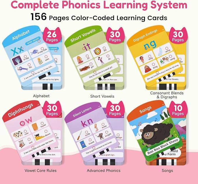 JoyCat Phonics Learning Tablet, Learn to Read with 156 Pages Talking Flash Cards, Digraphs CVC Blends Long Vowel Sounds Phonics Games, Progressive Educational Toy, Gift for Boys Girls Ages 3-8