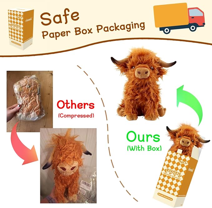 rivoeis 10.5 inches Highland Cows Stuffed Animals, Cute Fluffy Cow Plush Figure Toys Realistic Highland Cattle Plush Decor for Kids Baby Girls Boys