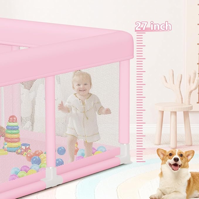 Hiaksedt Large Baby Playpen 74"x50", Baby Girl Play Pen for Babies and Toddlers Pink, Safe Structure and Soft, Skin-Friendly Fabric with Zipper Gates
