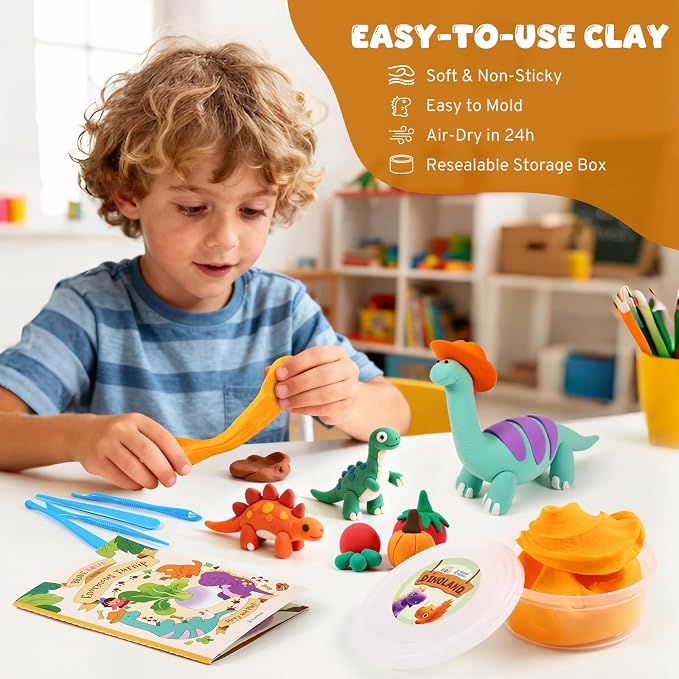 Air Dry Clay Kit for Kids, Modeling Magic Clays, 18 Colors with Storybook, DIY Tutorials, Tools & Scene Cards – Soft, Non-Sticky & Light, Clay Craft Gift for Boys & Girls Ages 3+ (Dinosaur)