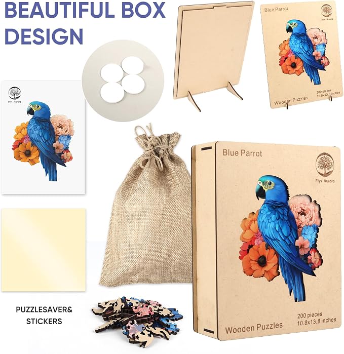 Mys Aurora Wooden Puzzles for Adults, Blue Parrot Couple Jigsaw Puzzles 200 Pieces, 11.9 x 11 Inch, Royal, Unique Shaped Round Blue Parrot Puzzles for Adults and Kids, Family Game
