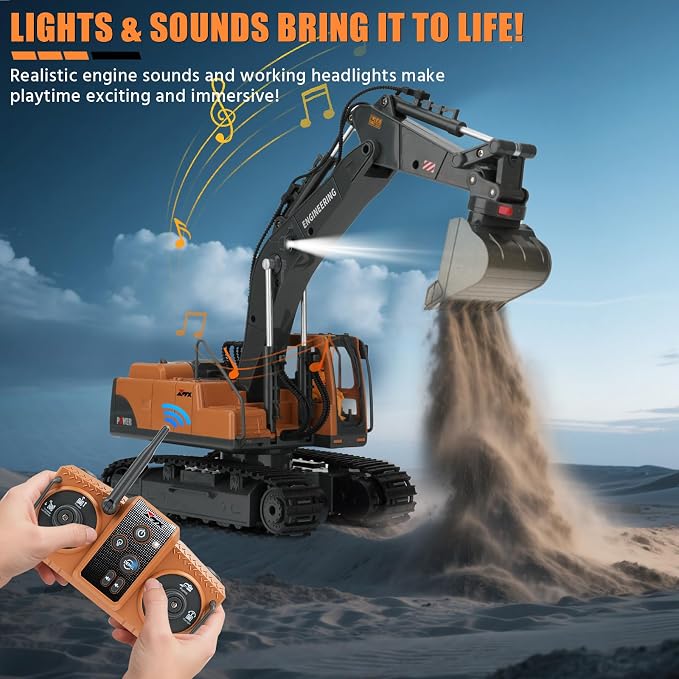 RC Excavator Toy for Boys 3-12, 3-IN-1 Bucket/Claw/Drill, 2.4GHz 14 Channel Construction Truck with 680°Rotating, 2400mAh Battery/LED Lights/Realistic Sounds, Durable Engineering Vehicle Gift for Boys