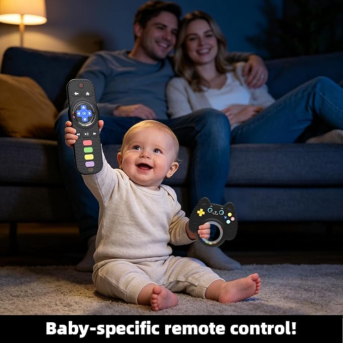 Chuya Baby Toys Baby Remote Control Teething Toys,2 Pack Silicone Teether Rattles for 0 6 12 24 Months Infants, Sensory Development Teething Relief,Black
