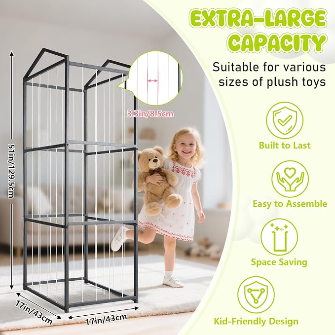 NomNest Stuffed Animal Storage Zoo, Large Metal Plushies Organizer, Heavy Duty Metal Teddy Bear Toy Holder for Kids' Bedroom & Playroom & Nursery (Non-Wheeled, Black)