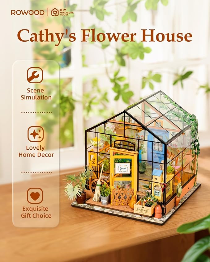 Rowood Miniature House Kit, Mother's Day DIY Miniature Greenhouse Dollhouse Kits for Adults, Wooden Crafts for Adults, Gifts on Birthday Christmas - Cathy's Flower House