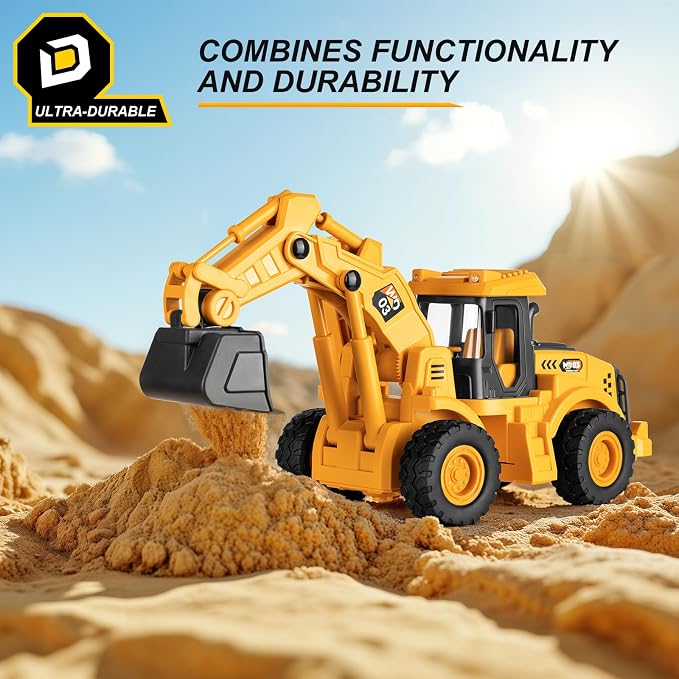 11" Excavator Toy, 1: 18 Scale, Rolling Wheels Inertia-Powered, Heavy‑Duty Plastic, with Lights & Rumbling Action, Working Boom & Bucket, Indoor/Outdoor Sandbox Vehicle for Ages 3 + - Easter Gifts