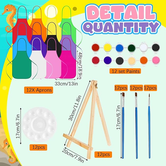 Ireer 12 Set Paint Party Set 8 x 10 Sip and Paint Kit Include 12 Printed Pre Drawn Canvas Panel, Wooden Easels, Palettes, Pots, Apron 36 Brushes for Adult Art DIY Party(Mermaid)