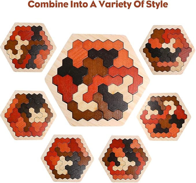 Wooden Hexagon Puzzle for Kids & Adults, Montessori STEM Educational Toy with Colorful Shapes, Logic IQ Brain Teaser Game for Kids, Geometry Tangram Gift