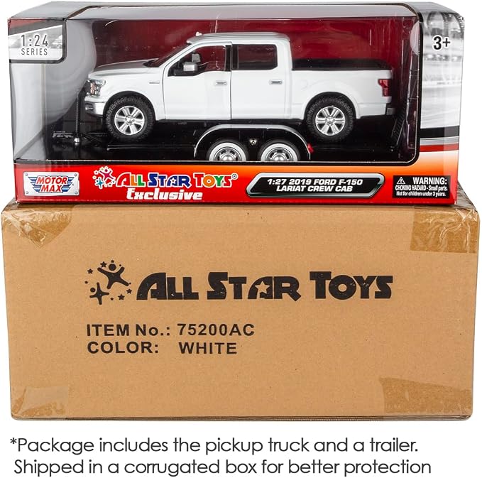Motormax 2019 Ford F-150 Lariat Crew Cab Pickup Truck with a Car Hauler, Truck & Tow Trailer Combo - 1/27 Scale Diecast Model, White, All Star Toys Exclusive 79363/76001