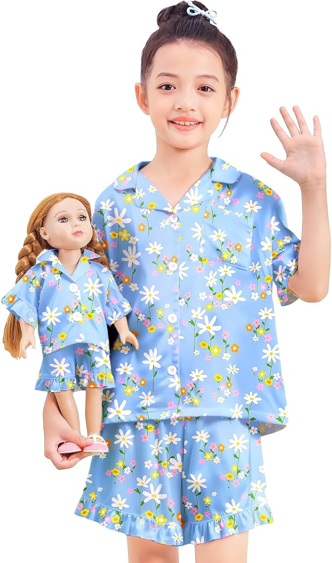 ICOSY Matching Doll & Girls Silk Pajamas Satin Pjs for Girls Button-Down Top and Shorts for 18" Doll Girl Clothes