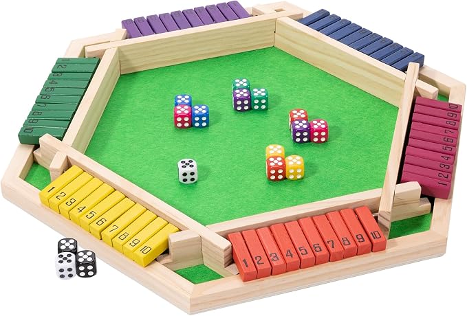 Shut The Box Game Large for 6 Players, 15 inch Wooden Board Table Math Game with 16 Dice and Instructions, Classics Close The Box Board Game