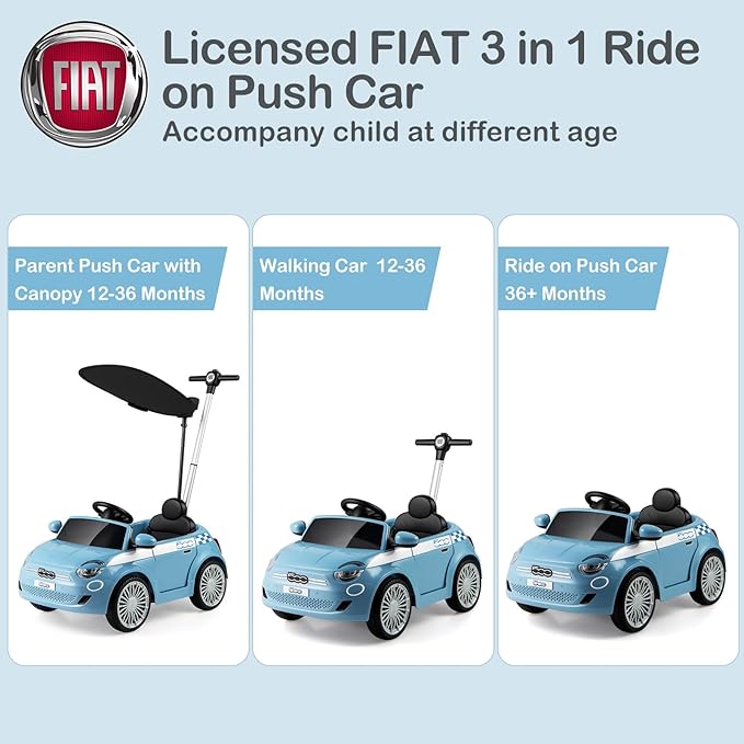 Licensed Fiat 500 Ride on Push Car by INFANS, 3 in 1 Baby Stroller Sliding Walking Car with Retractable Footrest, Parent Control Handle, Horn, Foot-to-Floor Toys for Kids Toddlers 18 Month+ (Blue)