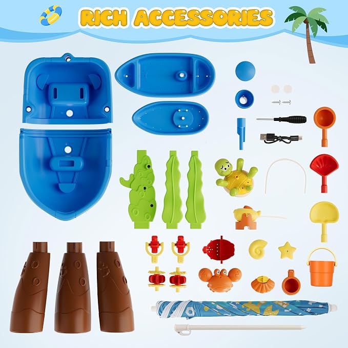 Kids Sand Water Table for Toddlers with Umbrella/Water Pumb, 3-Tier Outdoor Water Sand Play Table Beach Toys, Summer Splash Activity Sensory Table Party Birthday Gift for Kids 3 4 5 6 7 8