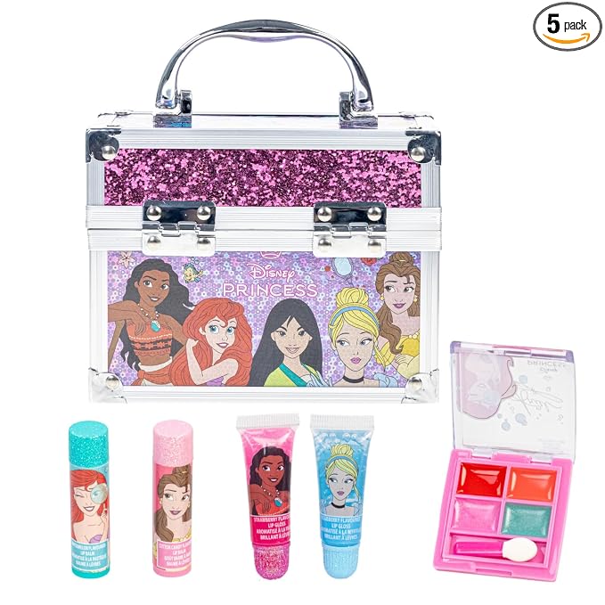 Disney Princess Beauty Mini Train Case Set Includes Lip Gloss Tube, Lip Balm, Lip Gloss Compact for Girls Party, Sleepovers by Townley Girl